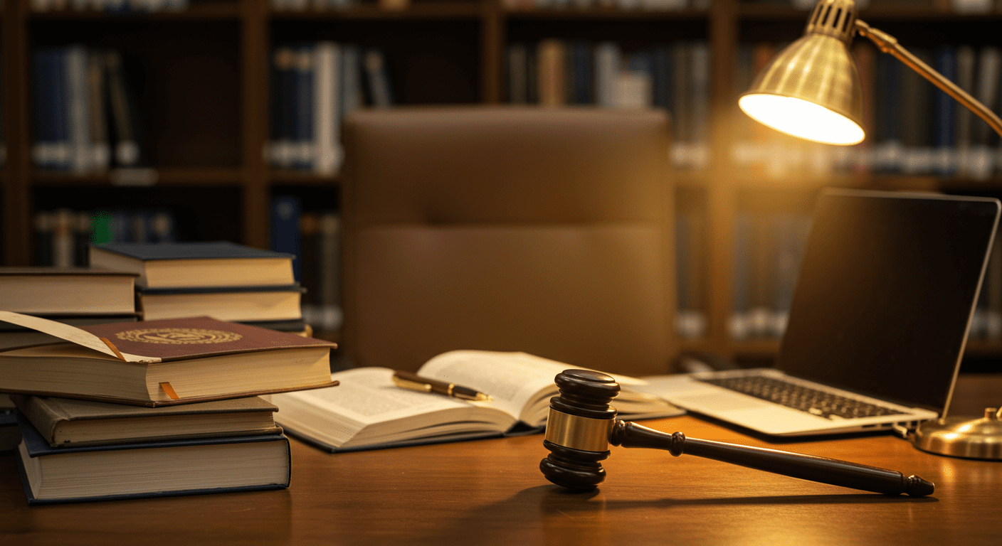 Law books gavel laptop on study desk