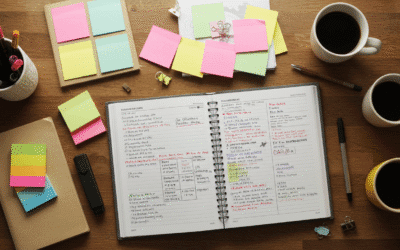 Neat study desk flatlay with open notebooks, a pen and a cup of coffee