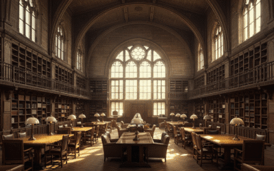 Focused student reading dense passage textbook in a quiet university library