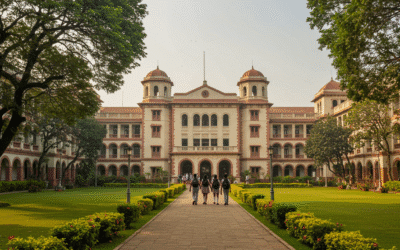 National Law University campus building with students walking across the courtyard at golden hour