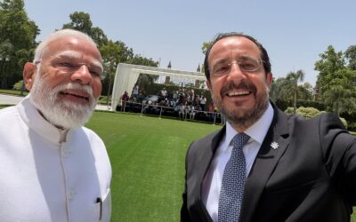 Indian and Cypriot flags during a bilateral diplomatic meeting