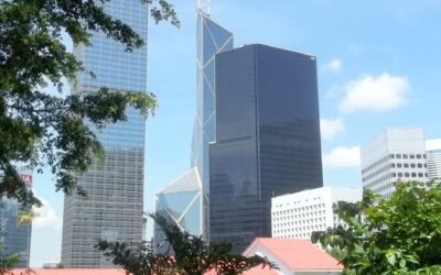 Skyline of financial district buildings rising above a city park