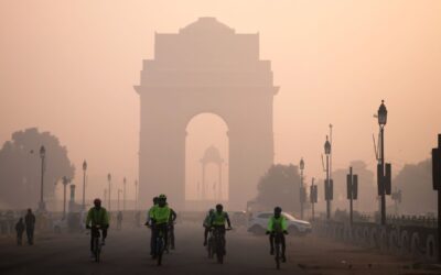 Delhi city skyline blanketed in dust haze during summer pollution episode