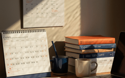 Study desk with a wall calendar, law textbooks, notebook and a cup of tea for exam date planning