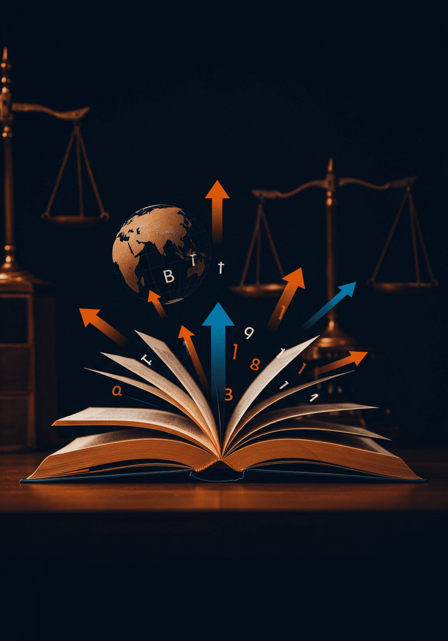 Conceptual illustration of academic reform with an open book, upward arrows and a globe motif