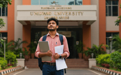 Hopeful student standing before a university building entrance holding admission documents