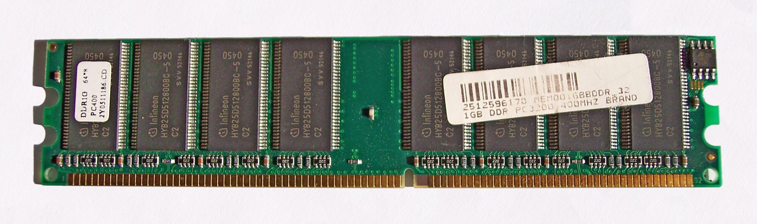 A DRAM memory module showing rows of semiconductor memory chips