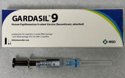 An HPV vaccine syringe and packaging used to prevent cervical cancer