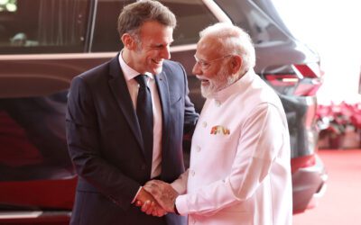 Indian Prime Minister Narendra Modi welcomes French President Emmanuel Macron