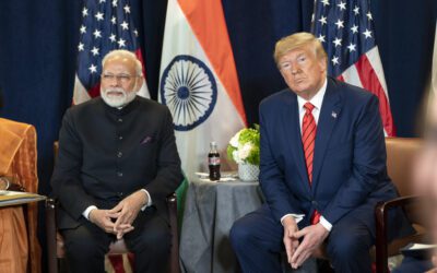 The leaders of India and the United States meeting, reflecting bilateral trade and strategic diplomacy