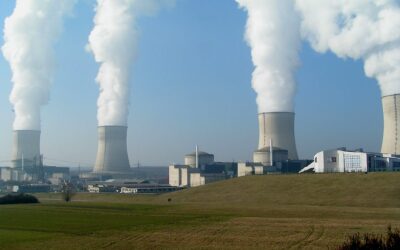 Cooling towers of a nuclear power plant releasing steam