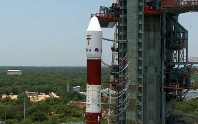 An ISRO PSLV rocket on the launch pad at Sriharikota