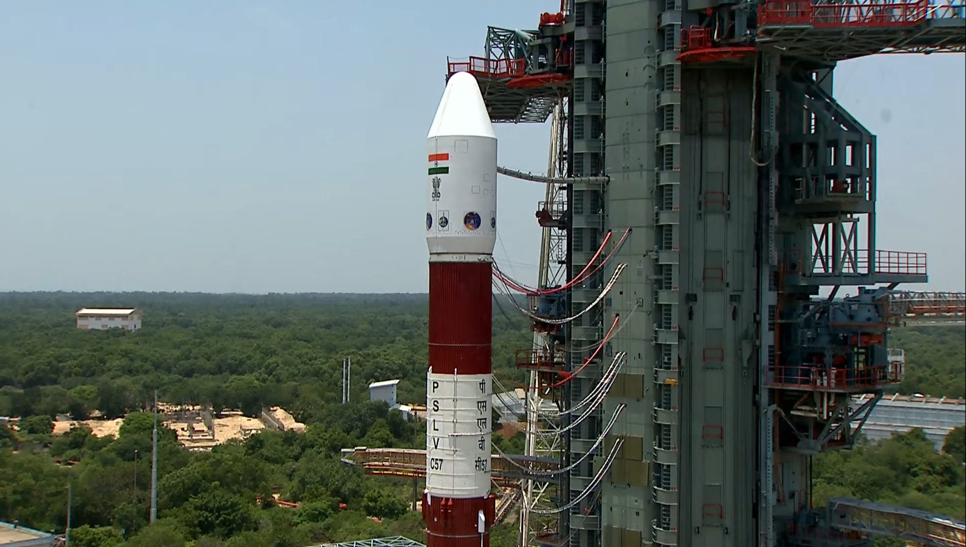 An ISRO PSLV rocket on the launch pad at Sriharikota