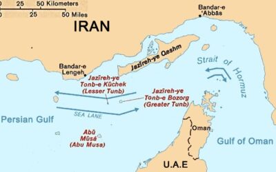 Satellite map view of the Strait of Hormuz waterway between the Persian Gulf and the Gulf of Oman
