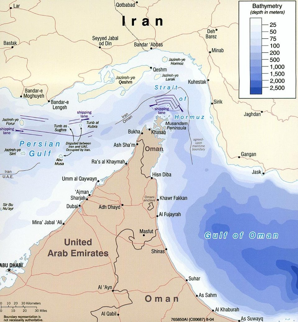 Satellite view of the Strait of Hormuz between Iran and the Arabian Peninsula
