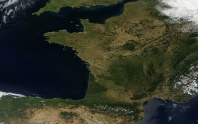 NASA MODIS satellite image showing heat over Western Europe during July 2022, illustrating extreme heatwave events