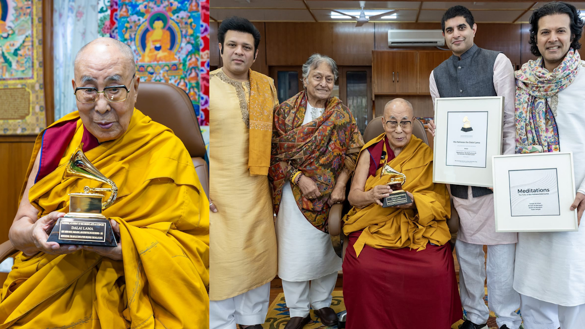 The 14th Dalai Lama receiving the Grammy Award at his Dharamshala residence