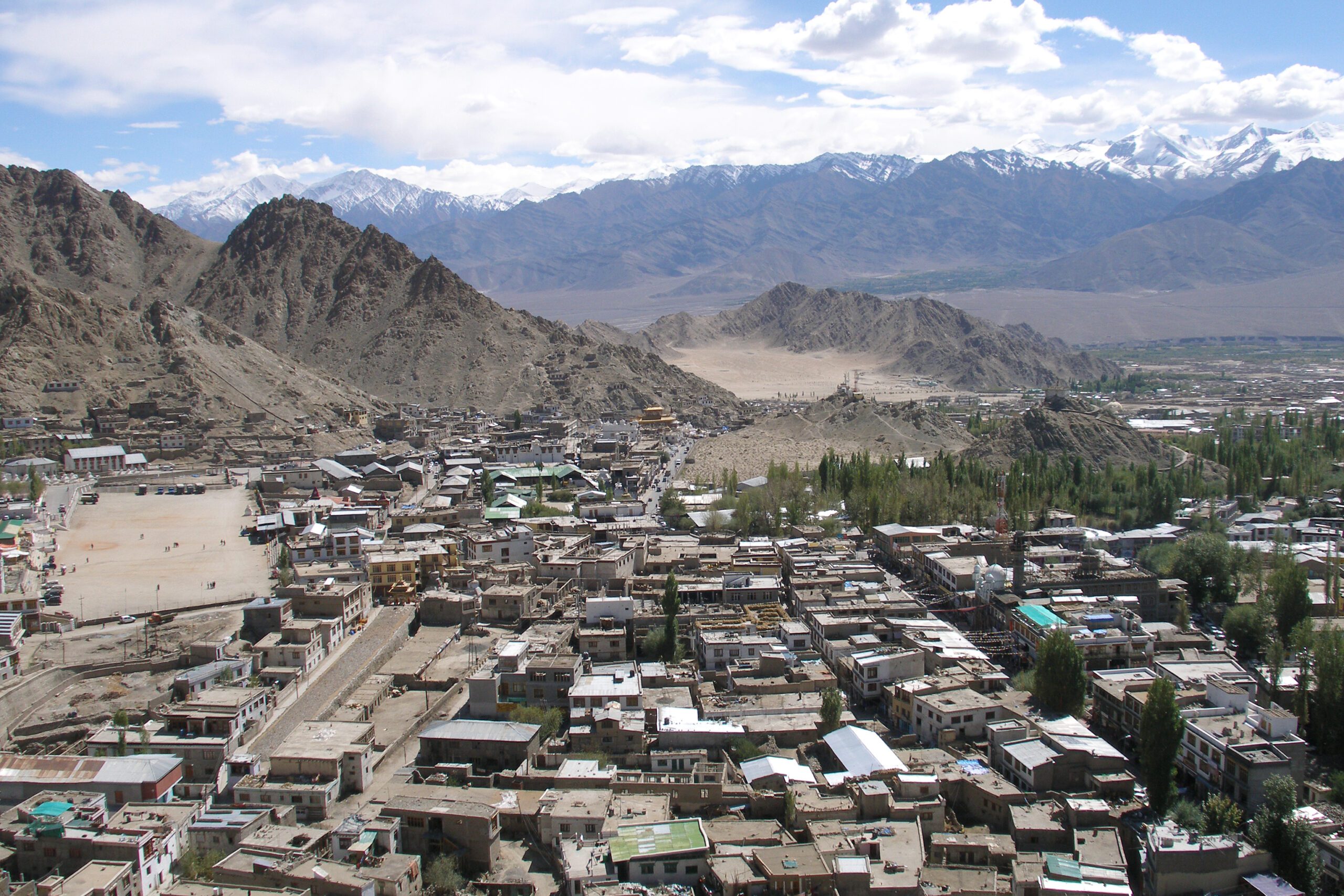 Aerial view of Leh town and the surrounding Himalayan landscape in Ladakh