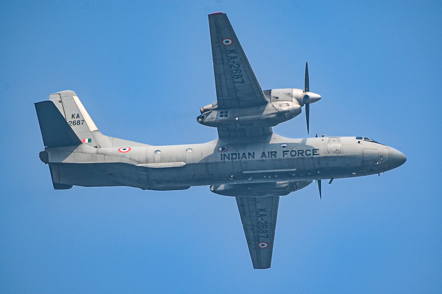Antonov An-32 twin-engine military transport aircraft of the Indian Air Force in flight