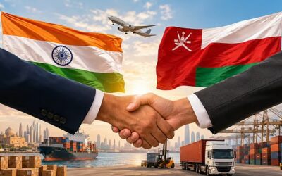 Cargo ship at port representing India-Oman trade partnership