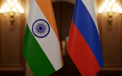 Indian and Russian flags beside a missile-defence system symbolising defence cooperation