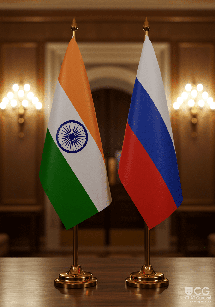Indian and Russian flags beside a missile-defence system symbolising defence cooperation