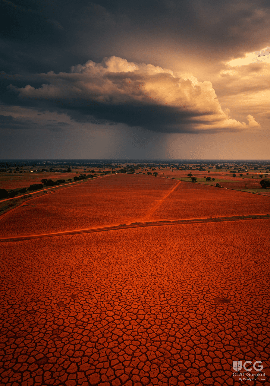 A dry cracked agricultural field under a hazy sky representing drought and monsoon deficiency