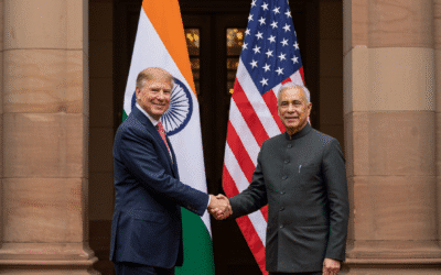 Indian and American officials shaking hands at a trade meeting