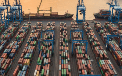 Container cranes and cargo stacked at a large Indian port