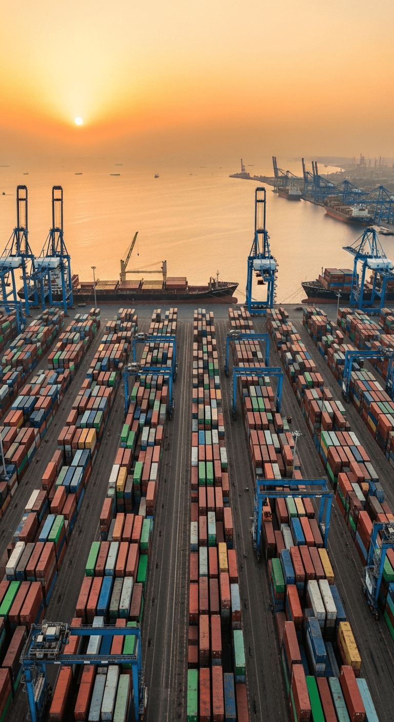 Container cranes and cargo stacked at a large Indian port