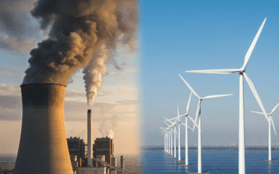 Cooling towers of a thermal power station beside wind turbines symbolising the clean-energy transition