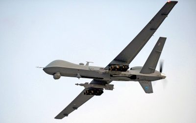 An unmanned combat aerial vehicle in flight