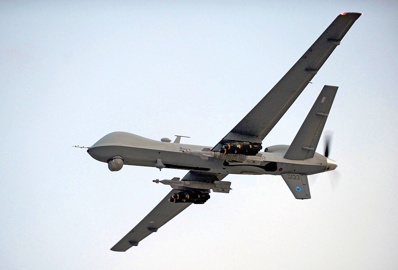 An unmanned combat aerial vehicle in flight