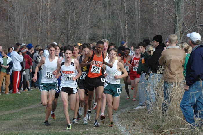 Runners competing on a stadium athletics track