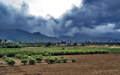 Heavy monsoon clouds gathering over the countryside in southern India