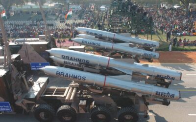 A BrahMos supersonic cruise missile on a mobile launcher