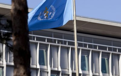The World Health Organization headquarters building and flag in Geneva