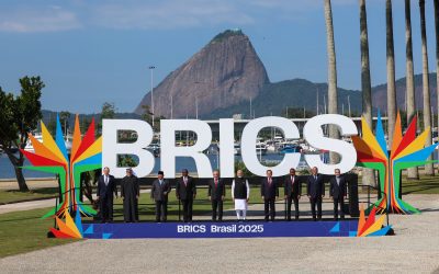 Leaders of BRICS member nations pose for a family photograph at a summit