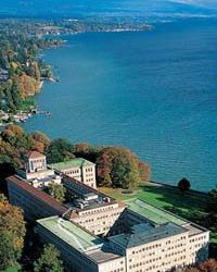 Aerial view of the Centre William Rappard, headquarters of the World Trade Organization in Geneva