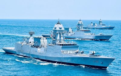 A Project 17A Nilgiri-class stealth frigate of the Indian Navy at sea