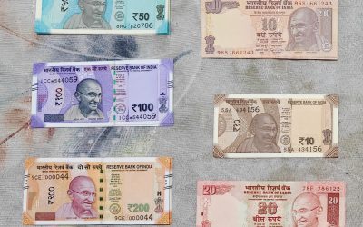 Indian rupee currency notes of various denominations spread out