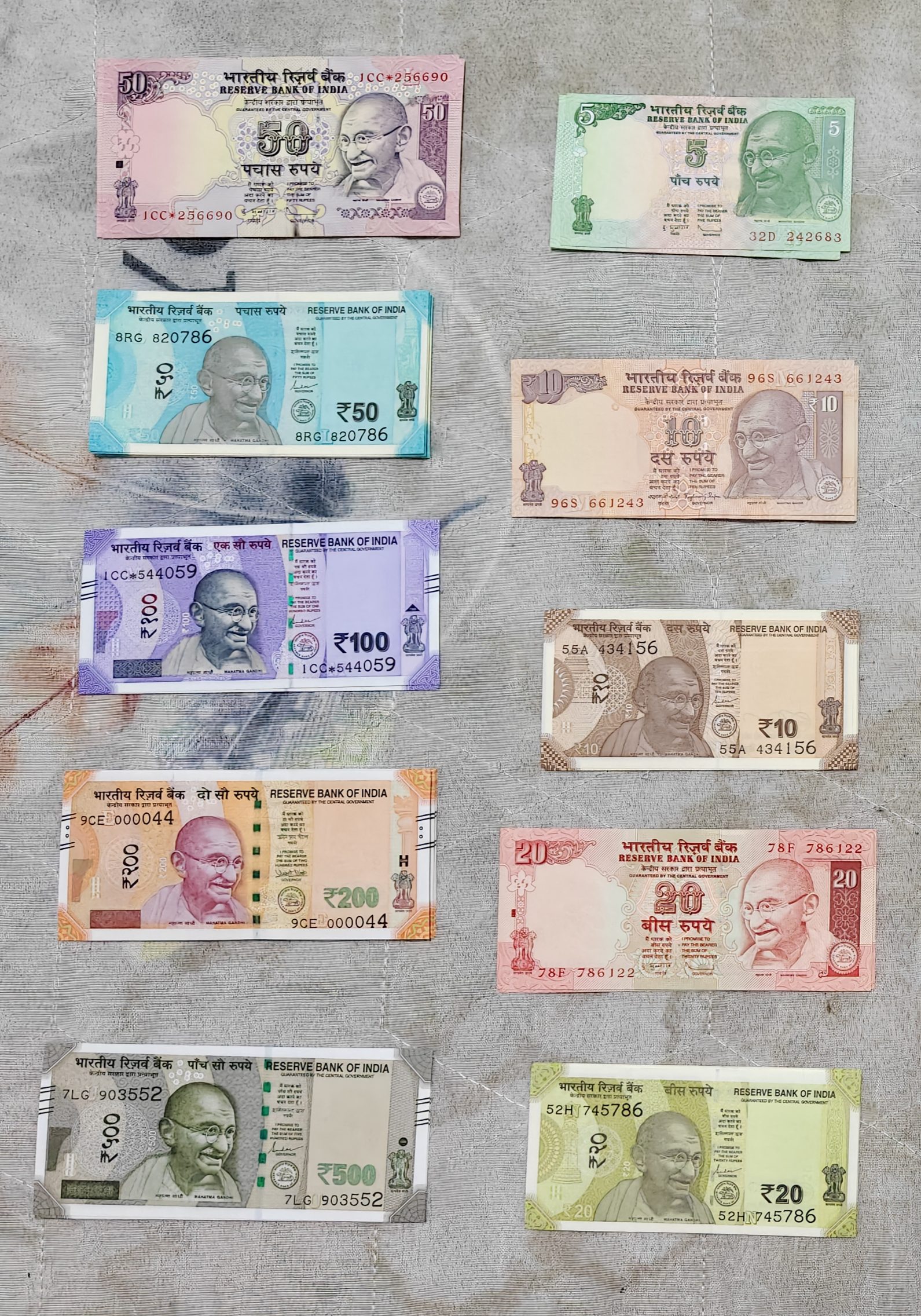 Indian rupee currency notes of various denominations spread out