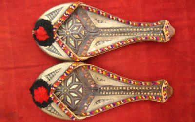 Traditional handcrafted Rajasthani mojari (jooti) leather footwear on display