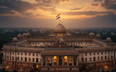 Parliament of India building at dusk