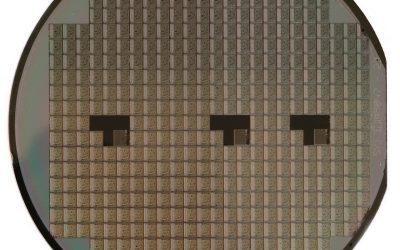 Close-up of a silicon semiconductor wafer used in chip manufacturing