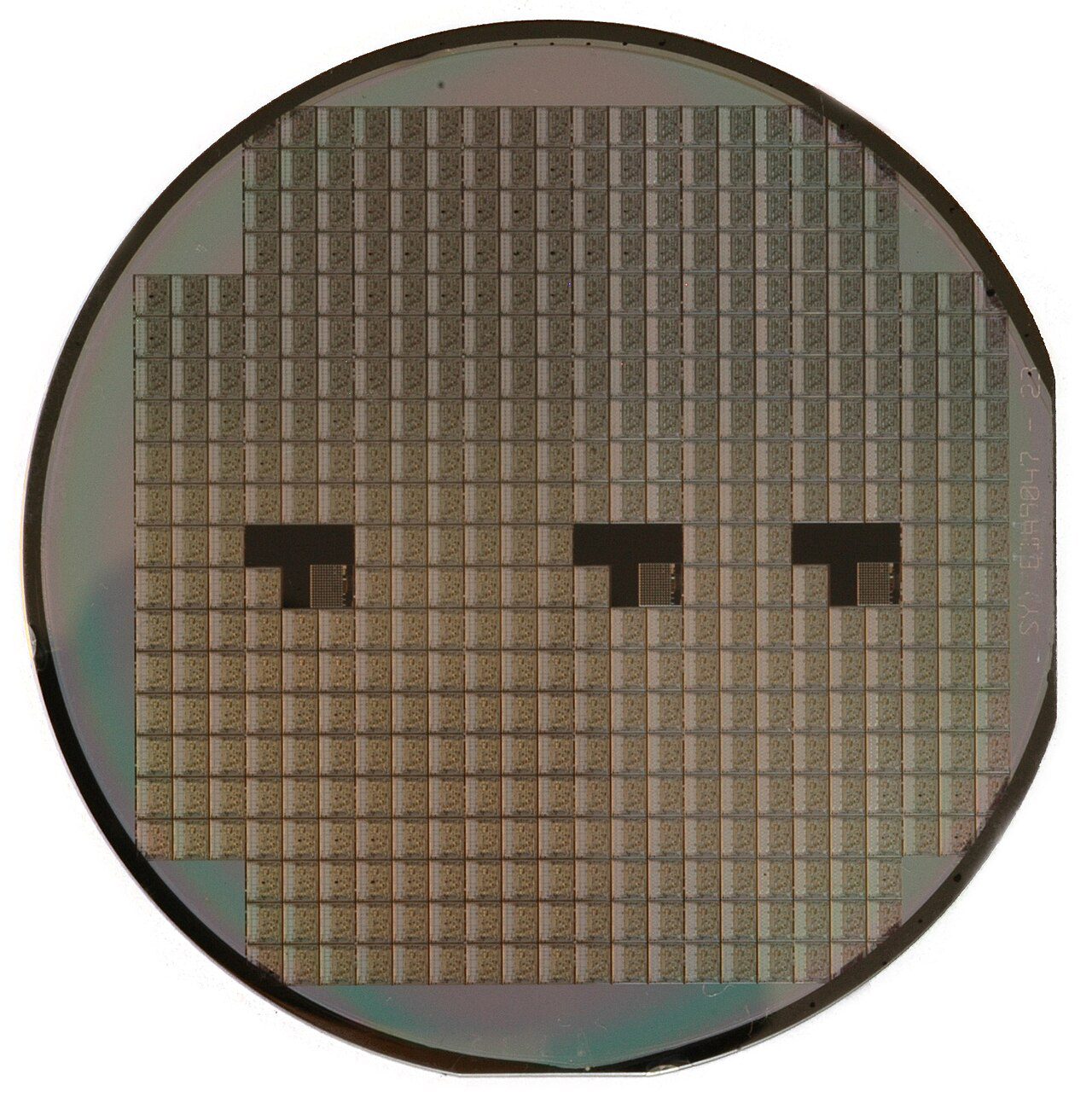 Close-up of a silicon semiconductor wafer used in chip manufacturing