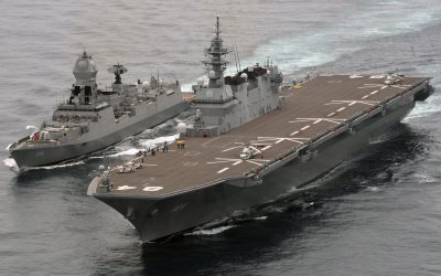 Indian and Japanese warships sailing together during a bilateral naval exercise