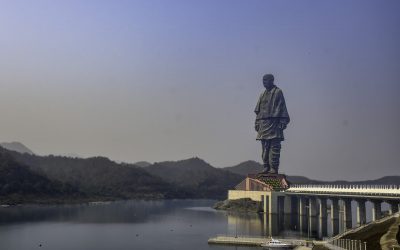 The Statue of Unity standing above the Narmada river valley beside the Sardar Sarovar dam in Gujarat