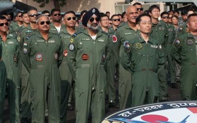 Indian and Japanese air force chiefs with aircrew at Air Force Station Jodhpur during the bilateral air exercise