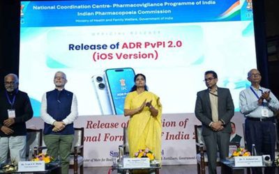 Officials on stage at the release of the ADR-PvPI 2.0 app and the National Formulary of India 2026 in New Delhi